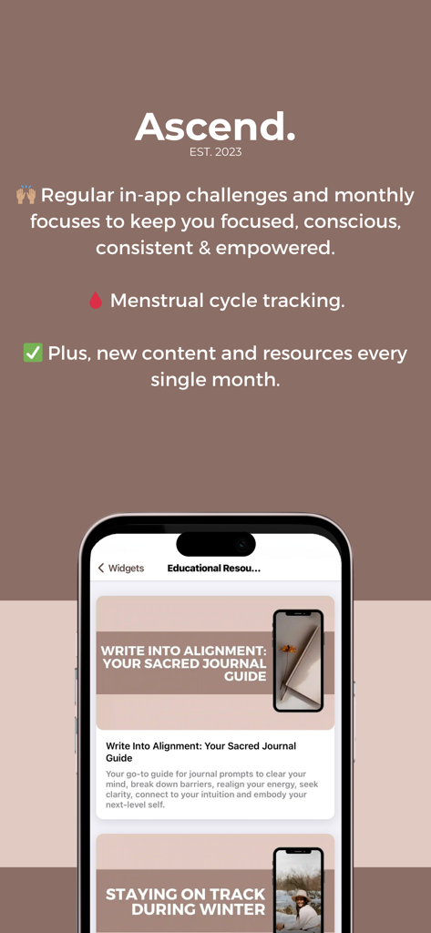 Ascend Wellness App - Ascend Wellness app interface showing journaling guides and monthly wellness challenges