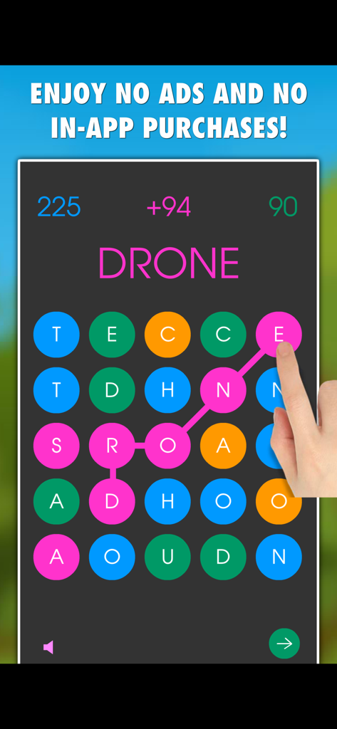 Word Connect PRO - Hand connecting letters to form the word DRONE in the ad-free Word Connect PRO puzzle game.