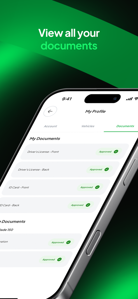 Avas App - Driver - A screen in the Avas Driver app showing verified driver documents like licenses and ID cards with an approved status.
