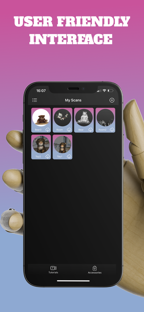 Schermata dello smartphone che mostra la galleria di scansioni dell'App Scanner 3D con un'interfaccia user-friendly