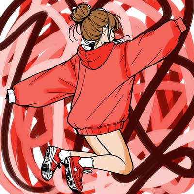 realistic girl jumping with a bun and oversized sweatshirt