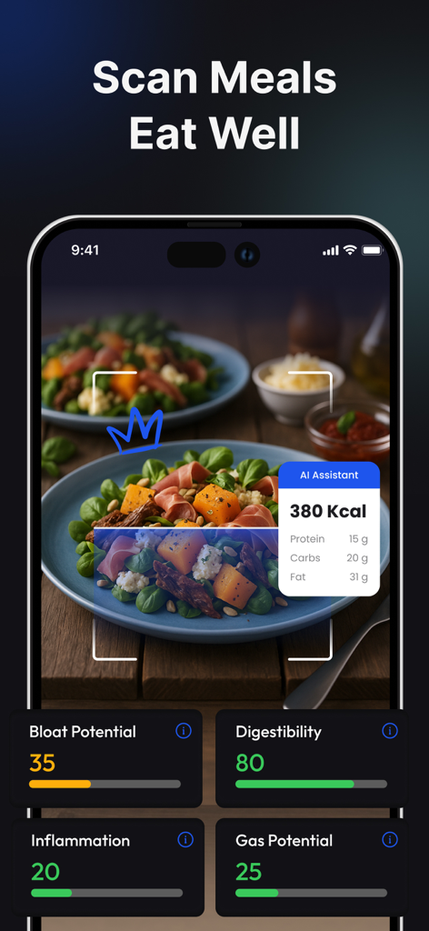Depuff AI: Bloatdown & Debloat - AI meal scanning interface showing calorie counts and scores for bloating and inflammation potential