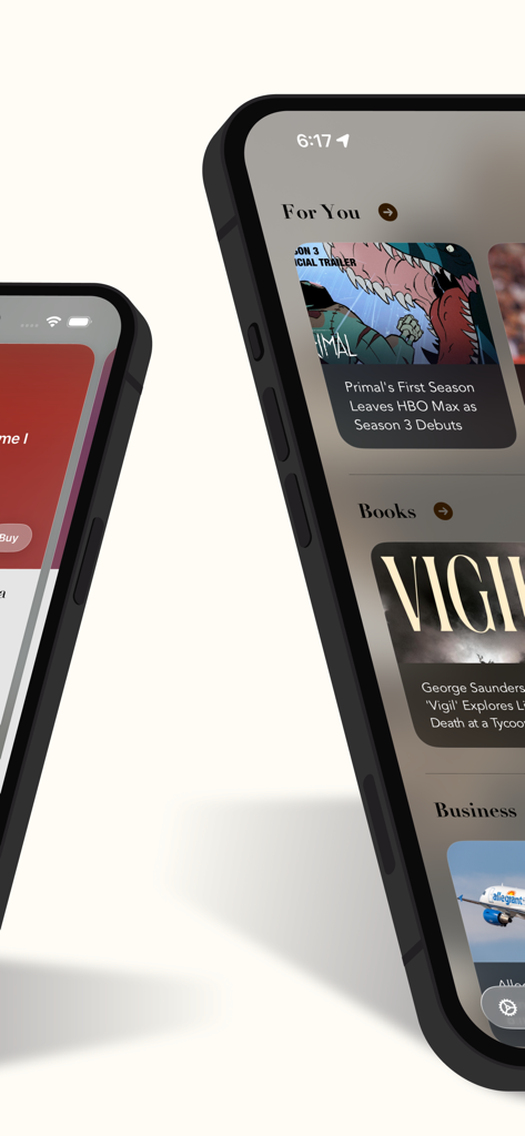 Interface do aplicativo de notícias Ponder AI mostrando cartões de conteúdo curados e deslizáveis para notícias, livros e negócios.