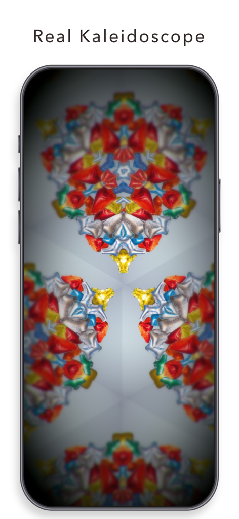 Real Kaleidoscope PRO - A smartphone screen displaying a vibrant and symmetrical kaleidoscope pattern with multicolored stones.