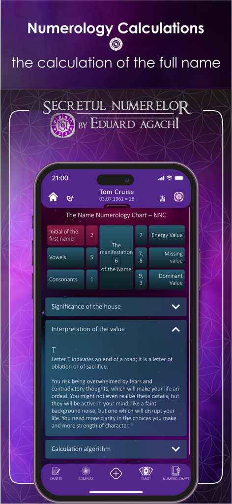 The Secret of Numbers - Una interfaz de smartphone que muestra un gráfico detallado de Numerología de Nombres con valores de cálculo e interpretaciones de texto.
