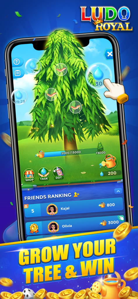 Ludo Royal app screen showing a tree growth mini game with rewards and friends ranking
