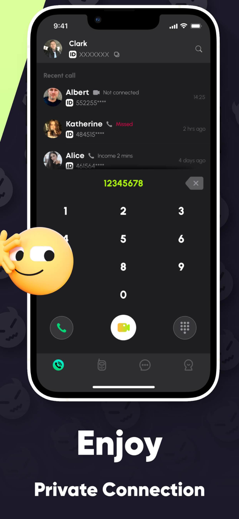 Solar: Video Chat, Meet Girls - Interface of the Solar app showing a dial pad and recent call history for private connections.
