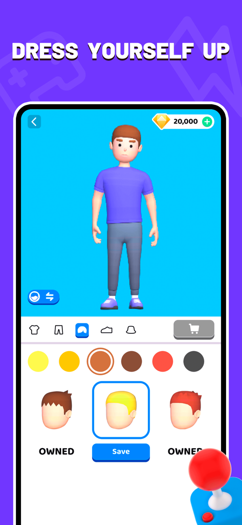 Yolo - 18+ Meet & Video Chat - Yoloアプリのインターフェイス。様々な髪の色とスタイルのカスタマイズオプションを備えた3D男性アバターが表示されています。