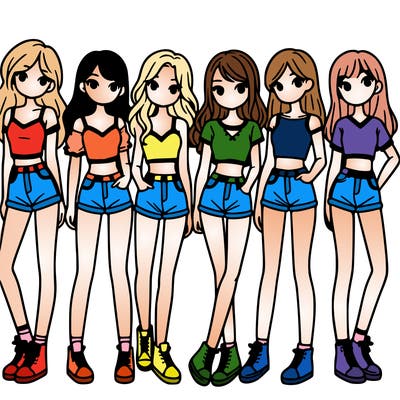 a group of girls wearing crop tops and shorts