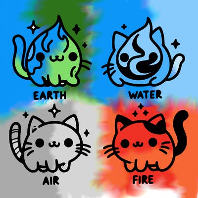 4 cats that represent the different elements, earth, water, air, and fire