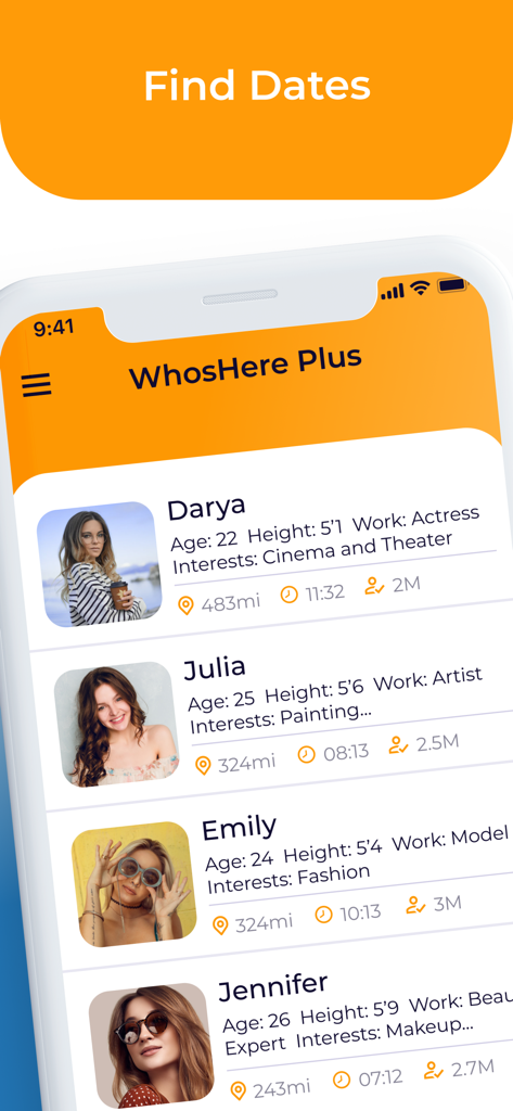 L'interface de l'application mobile WhosHere Plus affichant une liste de profils de rencontres locaux avec photos d'utilisateurs et détails professionnels.