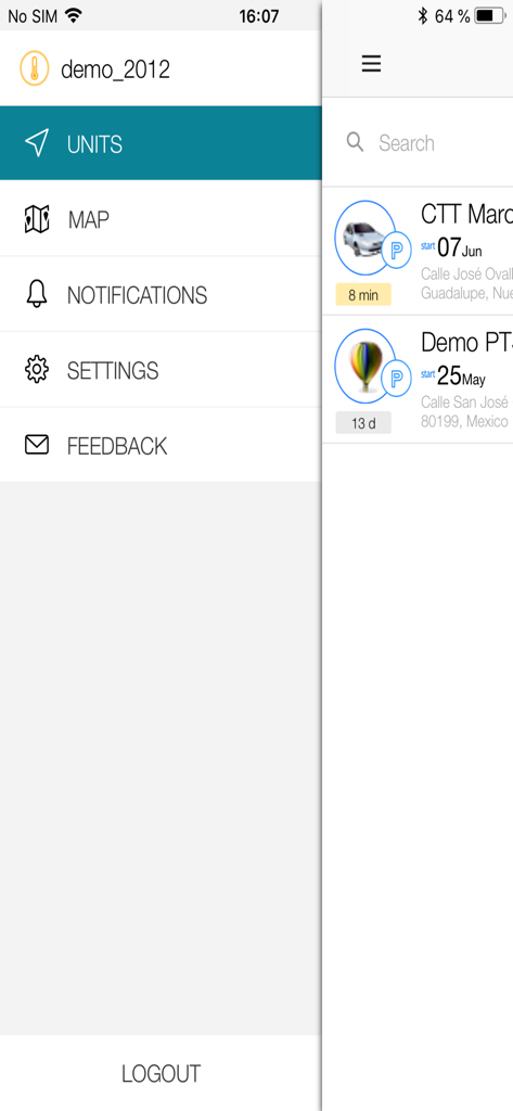 CTTMX Telemática - Menú de navegación lateral y lista de unidades de vehículos rastreados en la aplicación CTTMX Telematica