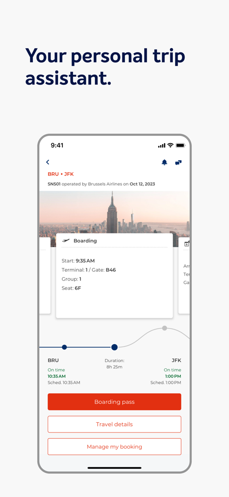Brussels Airlines app interface showing flight boarding details for a trip from Brussels to New York JFK.