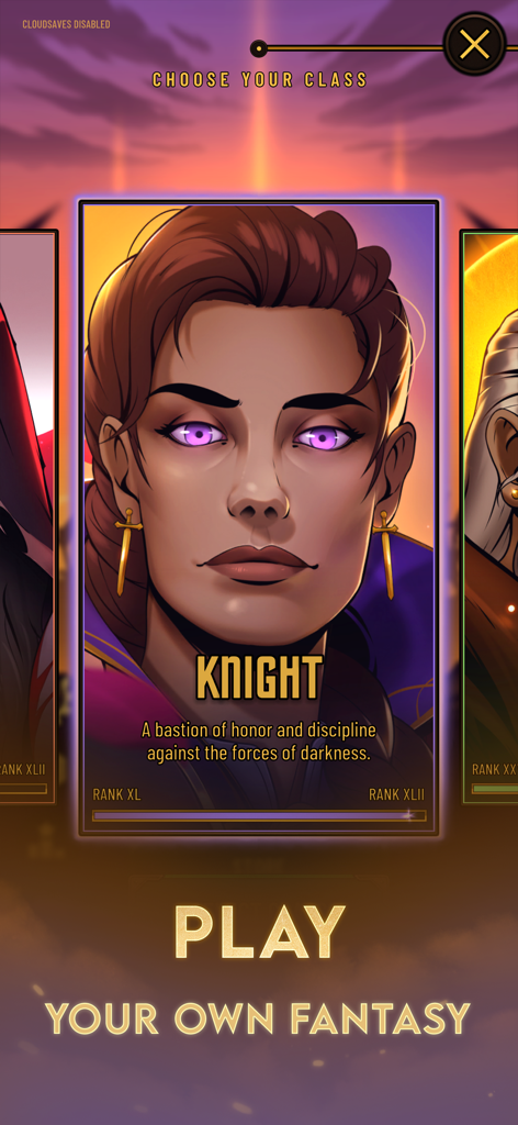 Dawncaster: Deckbuilding RPG - Knight class character selection screen in Dawncaster Deckbuilding RPG.