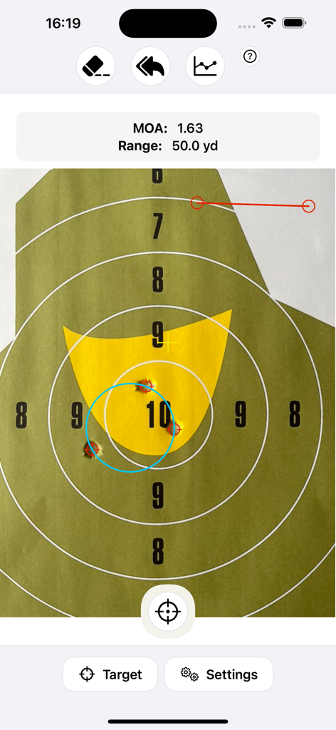Cálculo MOA de agujeros de bala en un objetivo de tiro en la aplicación MOA RangeR