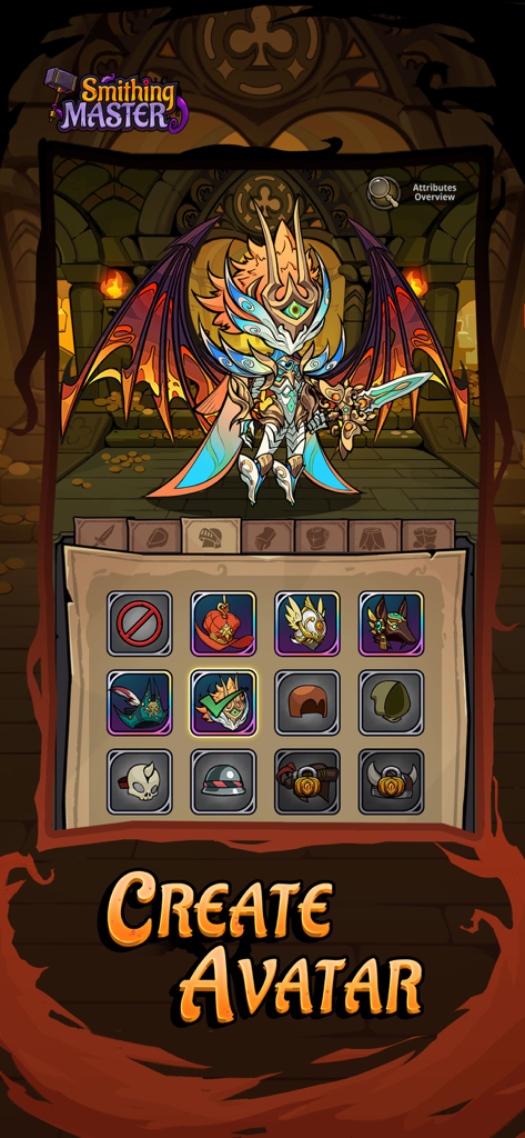 Smithing Master - Charakteranpassungsbildschirm in Smithing Master mit einem geflügelten Krieger und einem Inventargitter für Ausrüstung.