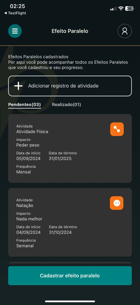 Marca Passosアプリのインターフェース。運動や水泳などの習慣のアクティビティ追跡が表示されています。