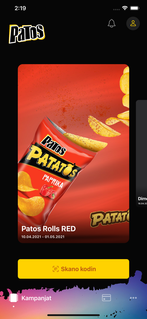 Patos app interface for scanning codes on snack bags to win rewards