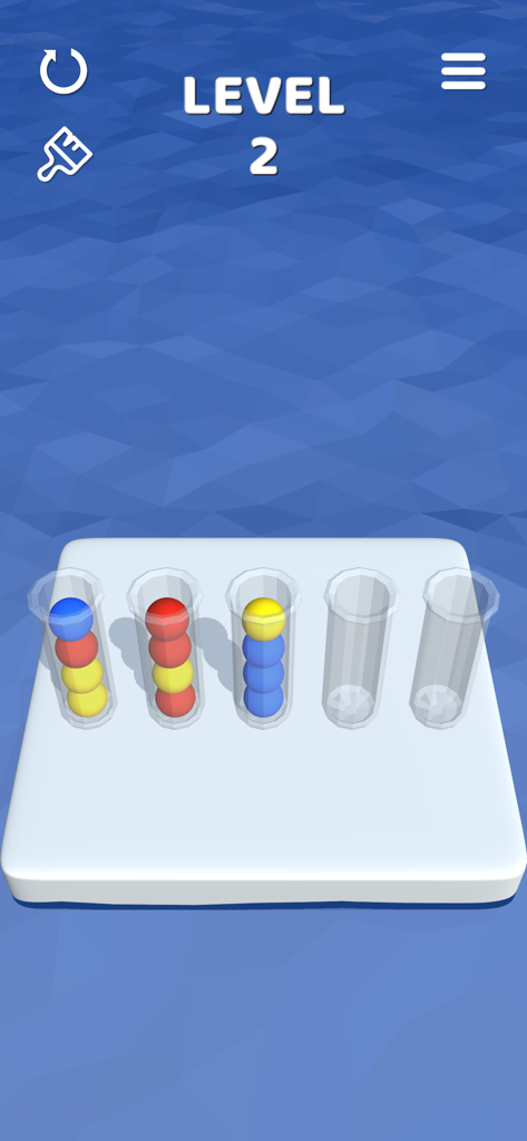Sort It 3D - Sort It 3Dモバイルゲームレベル2のスクリーンショット。色分けされたボールがガラスチューブに入っている様子。