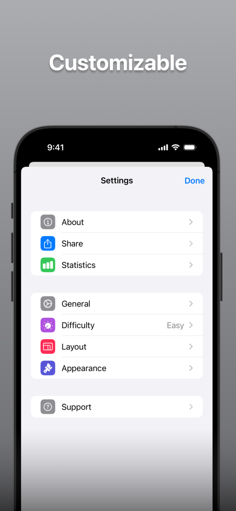 Minesweeperﾠ - The settings menu of the Minesweeper app on an iPhone showing options for statistics difficulty layout and appearance