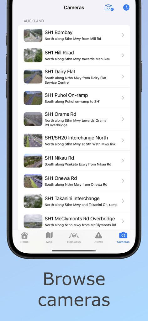 New Zealand Road Conditions - Una lista de transmisiones de cámaras de tráfico en tiempo real en Auckland desde la aplicación New Zealand Road Conditions