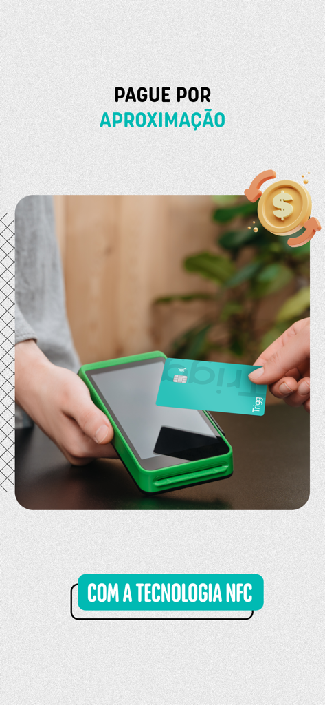 Trigg: Cartão de Crédito - Close up of a person using a teal Trigg credit card for a contactless NFC payment on a card reader