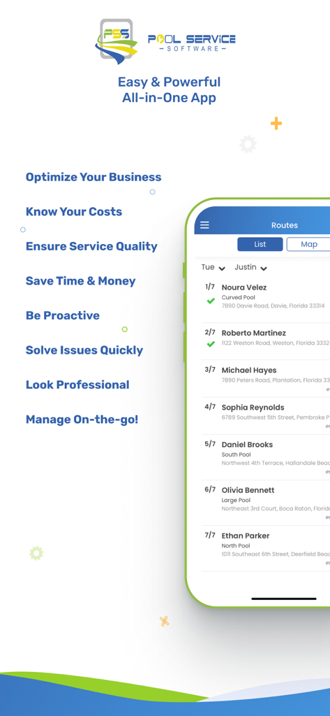 Pool Service Software - Pool Service Software app interface displaying technician route scheduling and key business benefits for pool maintenance owners