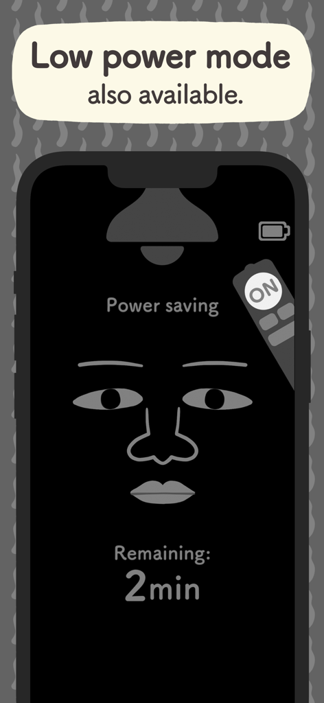 Do Nothing. - Screenshot of the Do Nothing app showing the low power mode feature with a minimalist face and a two minute countdown timer
