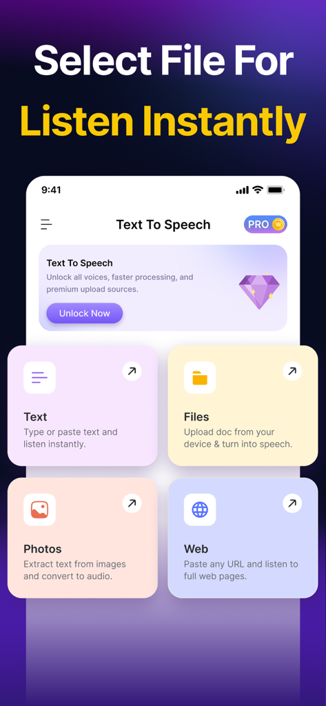 Text to Speech - Audio Books - Interface of the Text to Speech app showing options to convert text files photos and web pages into audio