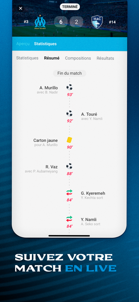Capture d'écran de l'application officielle de l'OM montrant les événements en direct d'un match de football, notamment les buts et les remplacements.