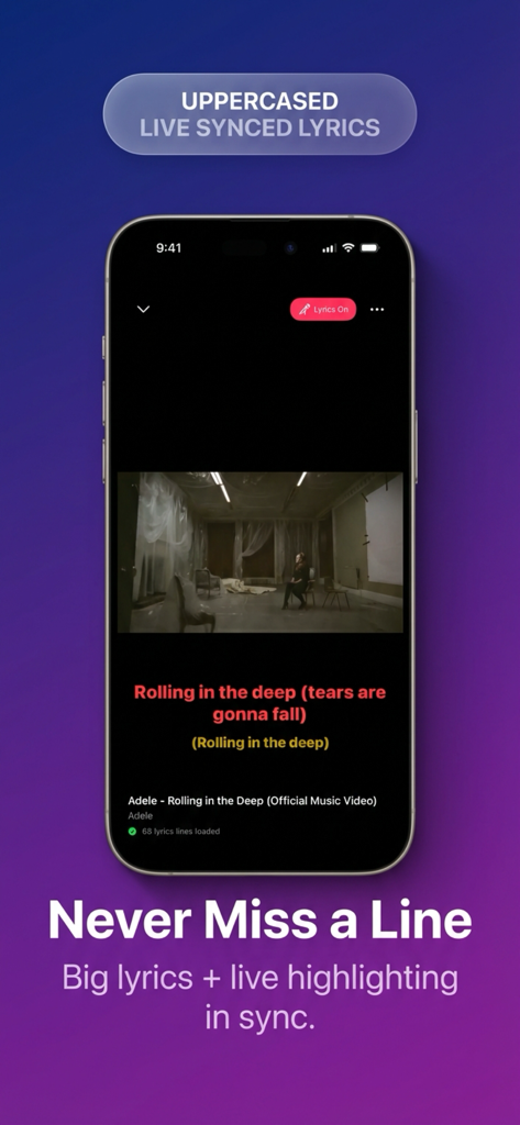 Karaoke for Youtube® - A mobile phone displaying the Karaoke for Youtube app with real time synced lyrics and word highlighting for a music video.