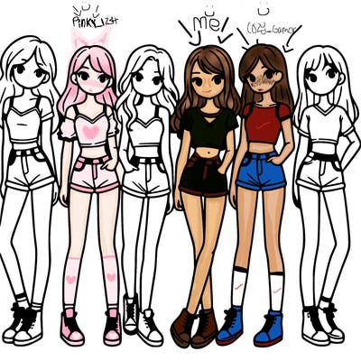 a group of girls wearing crop tops and shorts