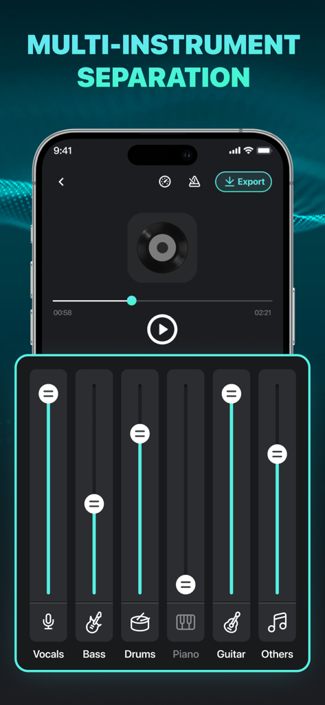 Interface do aplicativo divisor de música mostrando controles deslizantes para separar vocais, baixo, bateria, piano e faixas de guitarra