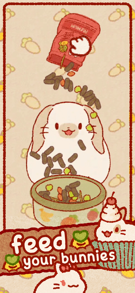 Usagi Shima: Cute Bunny Game - A hand-drawn cute white bunny being fed pellets from a food bag into its bowl.