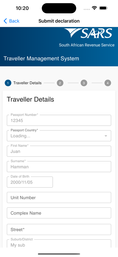 SA Traveller Management System app screen for submitting traveller details and passport information