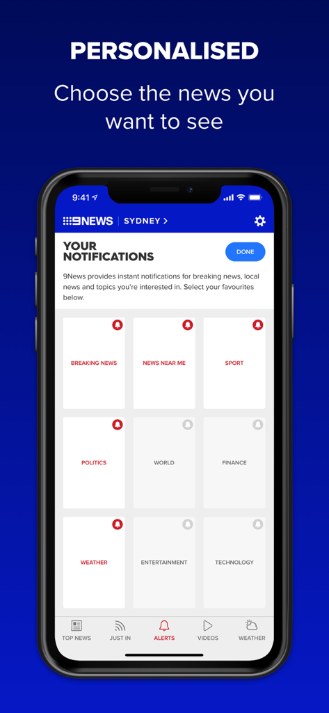 9NEWS - 9NEWS app screen for choosing personalized news alerts