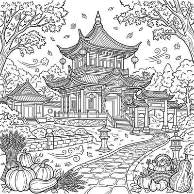 Step into a serene autumn world with this intricate Taoist temple coloring page. Featuring traditional architecture surrounded by falling leaves and abundant harvest elements, it's a delightful seasonal activity.