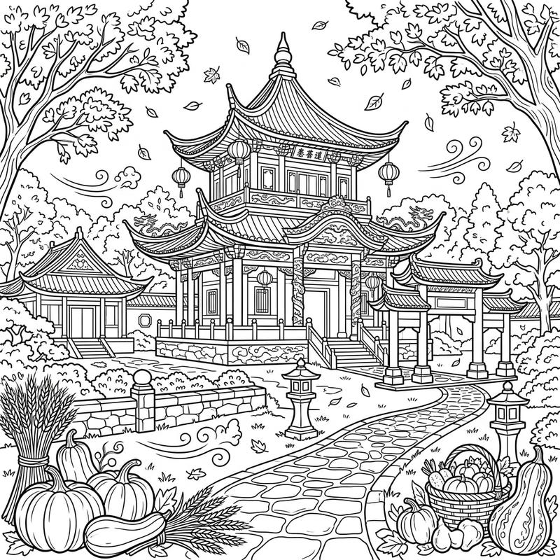 Step into a serene autumn world with this intricate Taoist temple coloring page. Featuring traditional architecture surrounded by falling leaves and abundant harvest elements, it's a delightful seasonal activity.