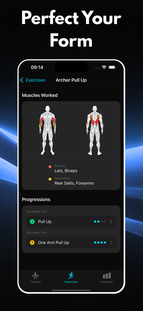 Calisthenics: CaliFit - CaliFit app screen showing muscles worked and progression exercises for an archer pull up.