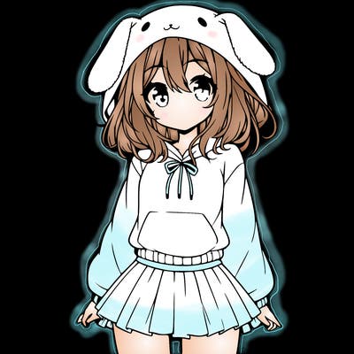 pretty anime girl wearing a fluffy hoodie with bunny ears on the hood and a skirt