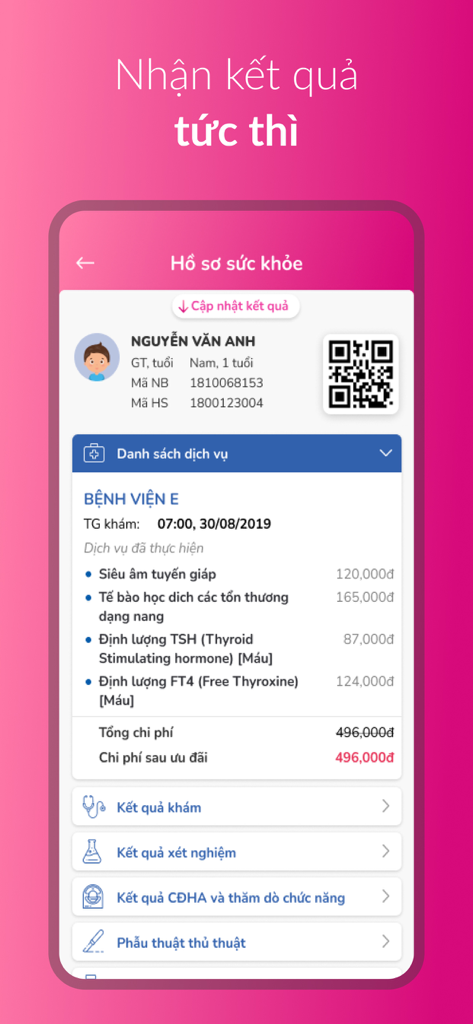 Bệnh Viện E mobile app health record screen showing patient details and medical test results
