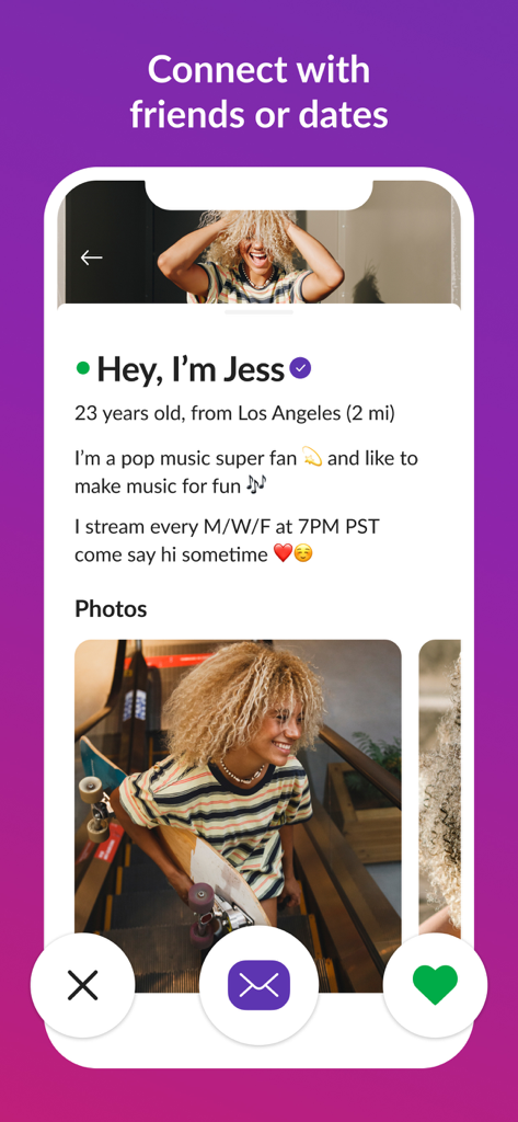 MeetMe app interface showing a user profile for a person named Jess with options to message or like