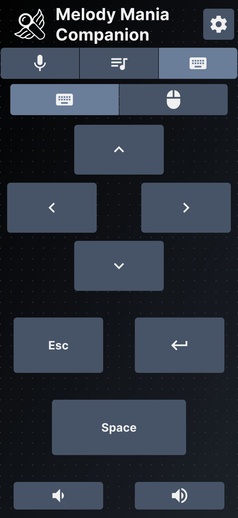 Interface of the Melody Mania Companion app showing a virtual game controller with navigation arrows, escape, space, and volume buttons on a dark background.