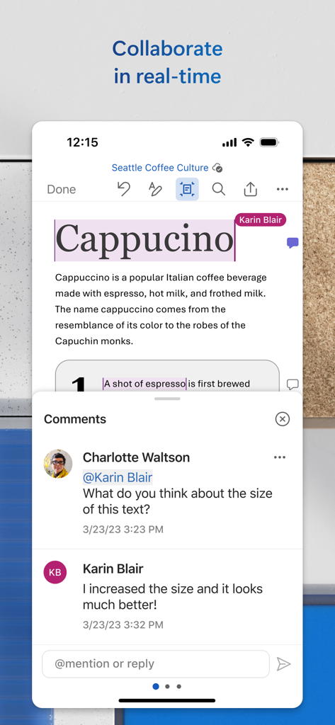 Microsoft Word app showing real time collaboration and comments on a document