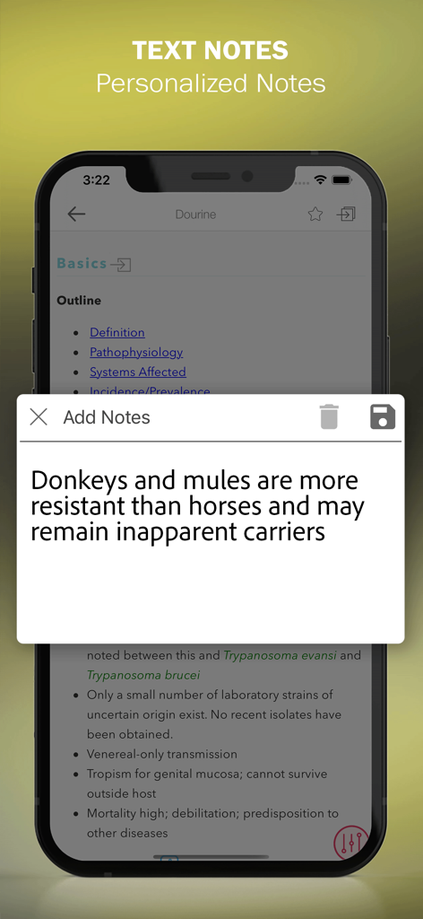 Mobile app screen showing the personalized text notes feature over a clinical document on Dourine
