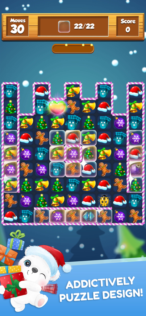 Festive Christmas match 3 puzzle game showing gingerbread men trees and Santa hats in a grid with a cute polar bear