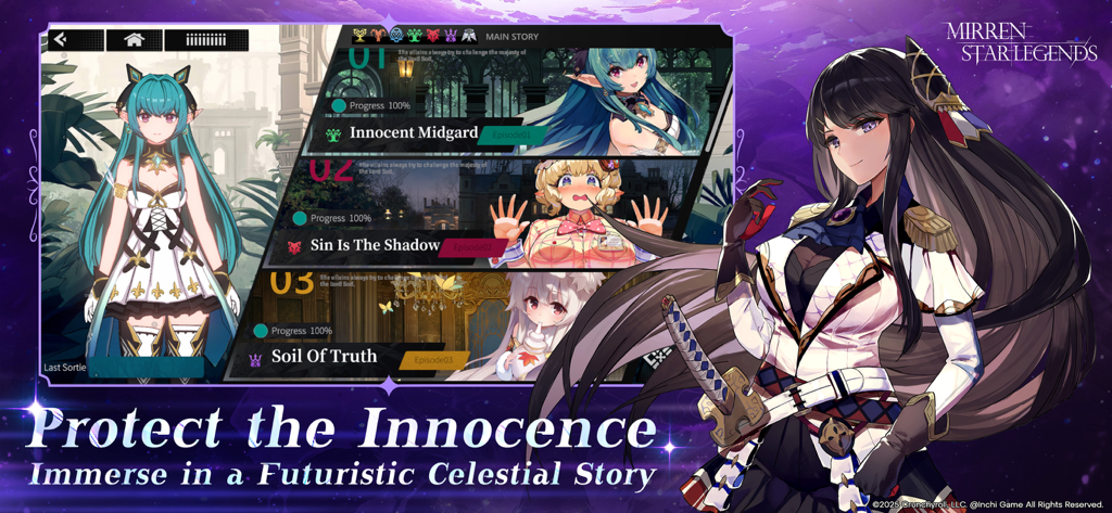 Mirren: Star Legends - Hauptgeschichten-Episoden-Auswahlmenü in Mirren Star Legends mit Anime-Charakteren