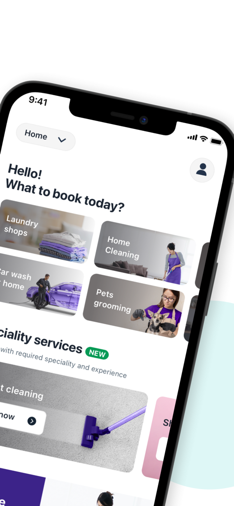 justclean - Justclean app home screen showing service options for laundry home cleaning car wash and pet grooming