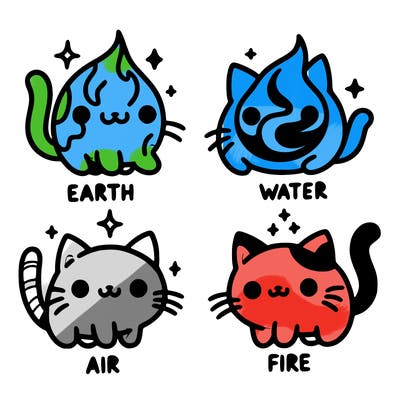 4 cats that represent the different elements, earth, water, air, and fire