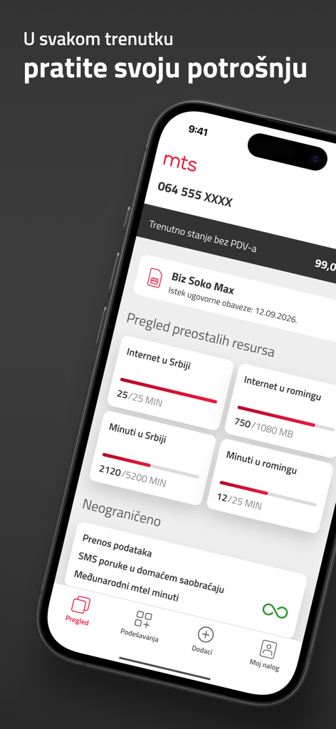 mts Biznis - mts Biznis mobile app dashboard showing real-time usage tracking for data and minutes in Serbia and roaming.